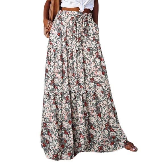 Womens Summer Boho Maxi Skirt Flowy Layered Tiered High Waisted A-Line Beach Casual Travel Long Skirts with Pockets Gray L