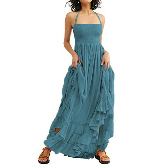 Womens Summer Boho Sexy Backless Long Dresses Blue L