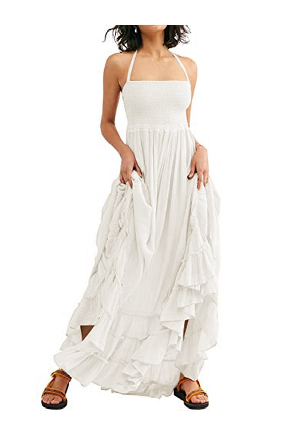 Womens Summer Boho Sexy Backless Long Dresses White M