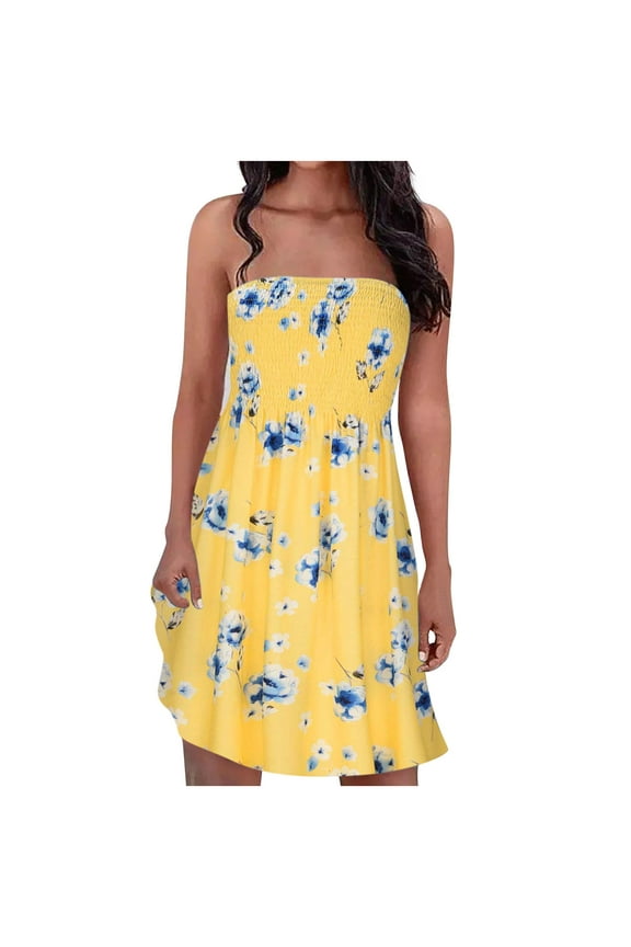 Womens Summer Boho Tube Dress Tunic Smocked Tiered Sleeveless Mini Dresses Pleated Elastic Strapless Floral Beach Sundress