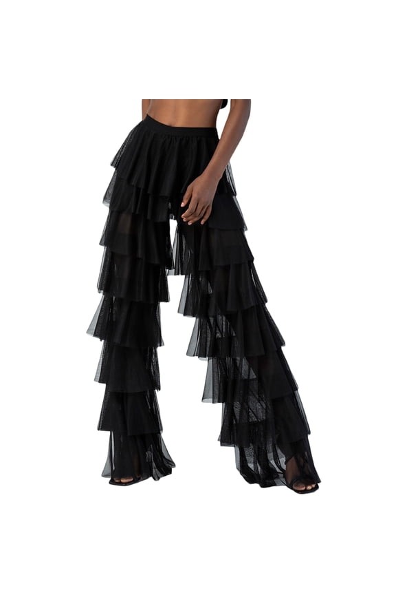 Womens Summer Boho Wide Leg Pants Causal High Waist Layered Tulle Pants Loose Long Trousers Streetwear