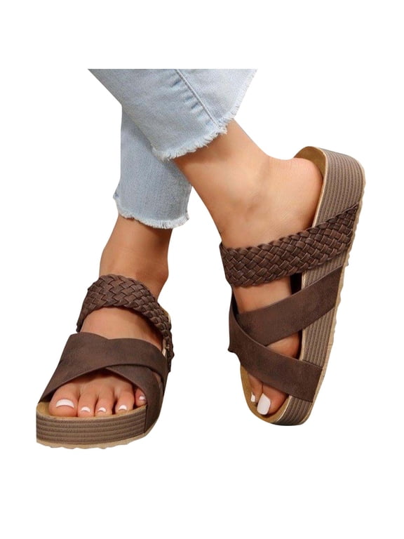 Womens Summer Braided Slide Sandal Crisscross Strap Thick Sole Sandals Comfortable Open Toe Slip On Shoes Fashion Casual Hollow Shoes Lightweight Outdoor Slippers Brown 8