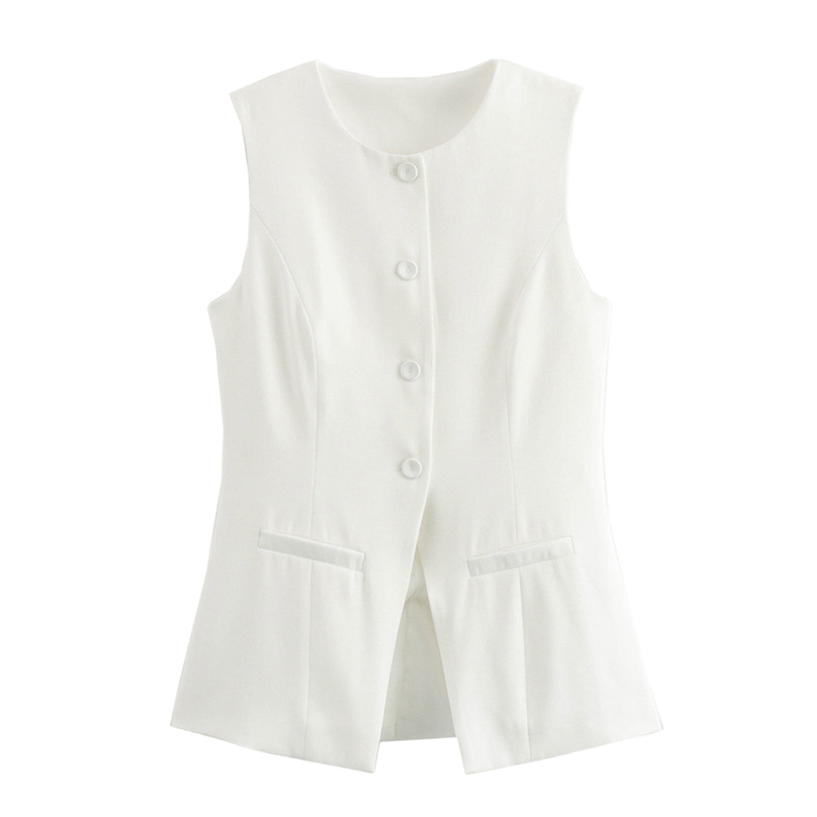 Womens Summer Business Blazer Vest Work Fully Lined Crewneck Button Sleeveless Jackets Office Loose Fit Comfy Solid Color Waistcoat