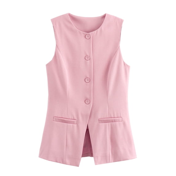 Womens Summer Business Blazer Vest Work Fully Lined Crewneck Button Sleeveless Jackets Office Loose Fit Comfy Solid Color Waistcoat