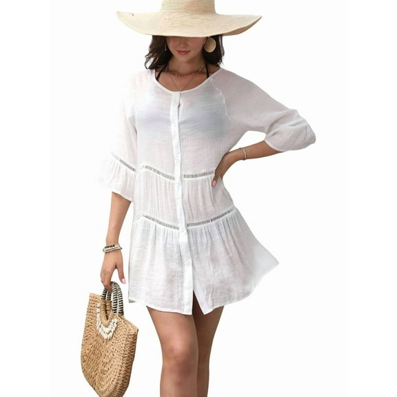 Womens Summer Button Down Shirt Dress Hollow Out Mini Dress 3/4 Bell Sleeve Tiered Dress Loose Beach Dress White M
