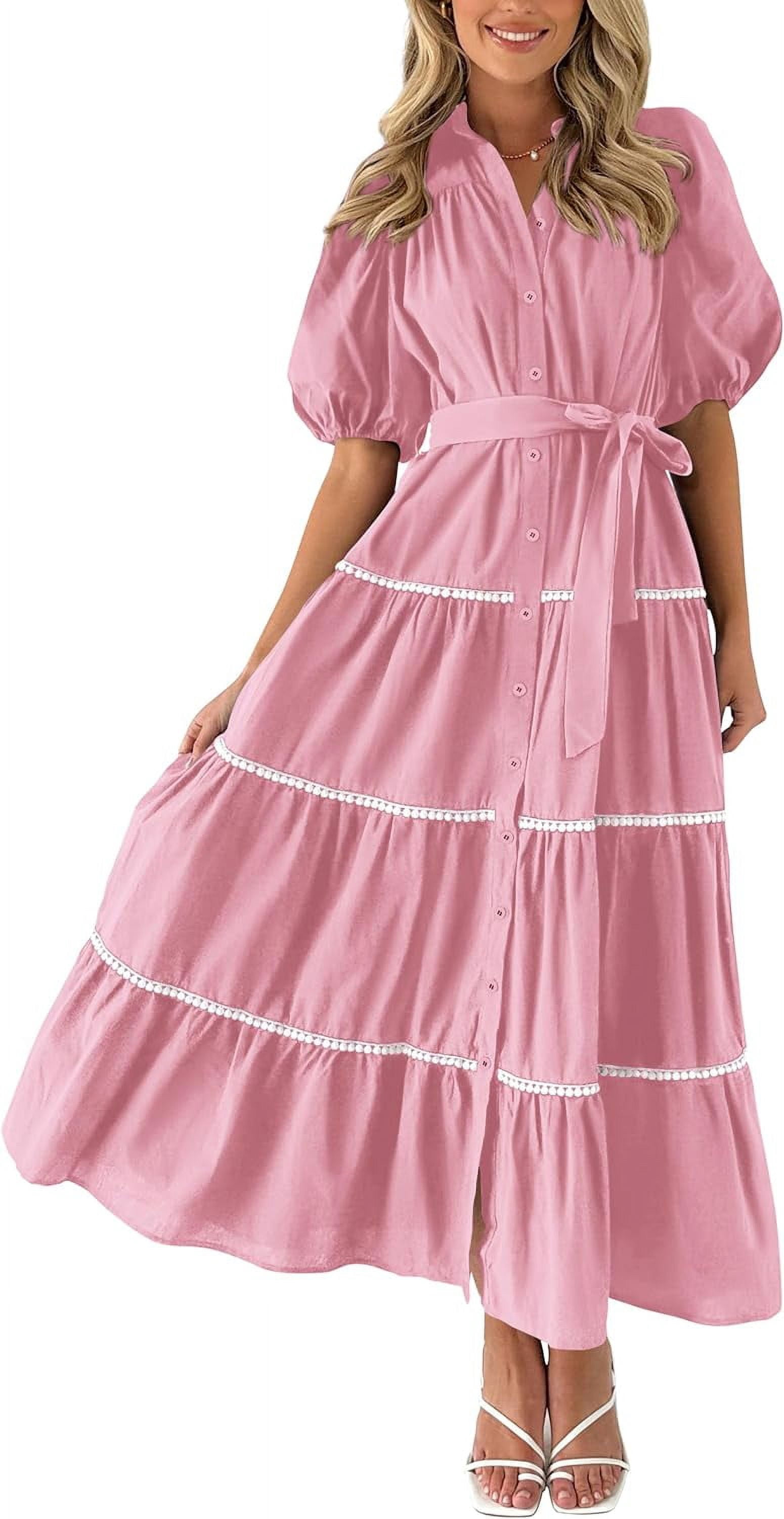 Women's Summer Puffy Sleeve Button-Down Maxi Dress | Tiered Ruffle Flowy Long Dress - Light Blue - View #9