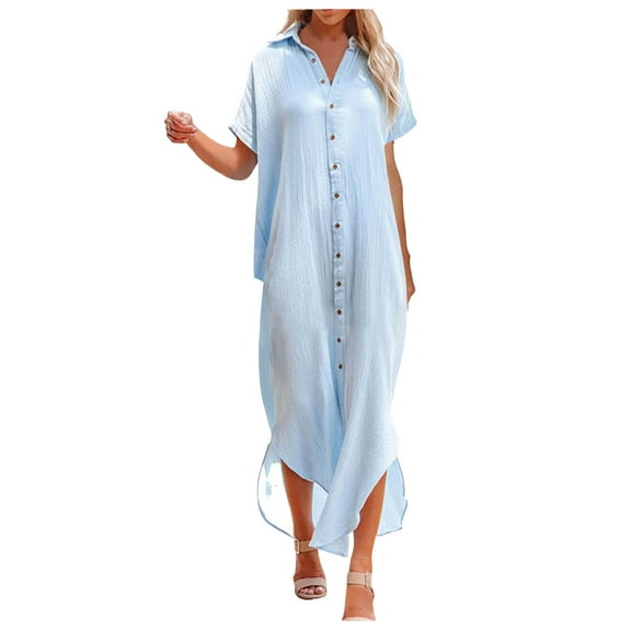 Womens Summer Button Down Shirts Maxi Dress Beach Cover Up Short Sleeve Lapel Solid Long Dress Casual Loose Blouse Dress