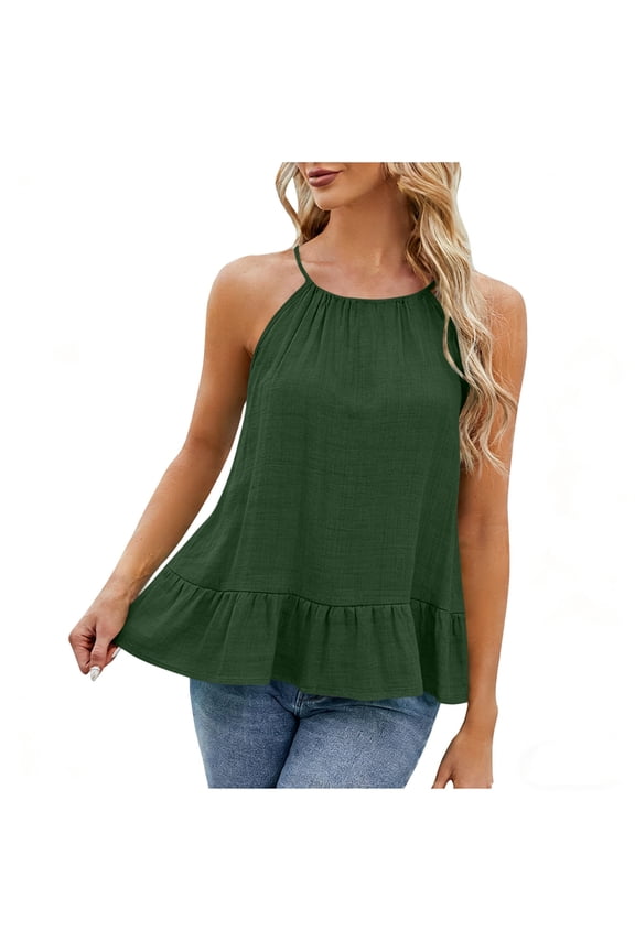 Womens Summer Camisole Sleeveless Spaghetti Strap Halter Ruffle Crewneck Beach Tank Tops Lightweight Flowy Gauze Tees