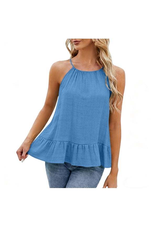 Womens Summer Camisole Sleeveless Spaghetti Strap Halter Ruffle Crewneck Beach Tank Tops Lightweight Flowy Gauze Tees