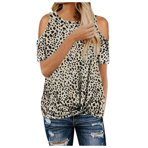 Womens Summer Camo Tops Short Sleeve Leopard Shirts Crew Neck Cute Trendy Tunic Blouses Beige L