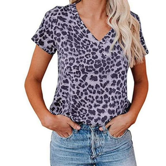 Womens Summer Camo Tops Short Sleeve Leopard Shirts Crew Neck Cute Trendy Tunic Blouses Purple L