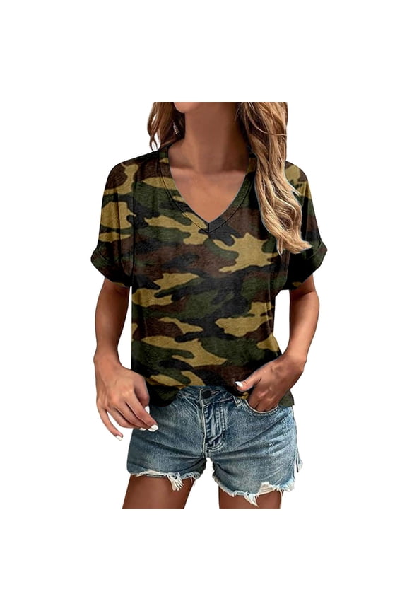 Womens Summer Camo Tops Short Sleeve V Neck Shirts Crew Neck Cute Trendy Tunic Blouses Camouflage L