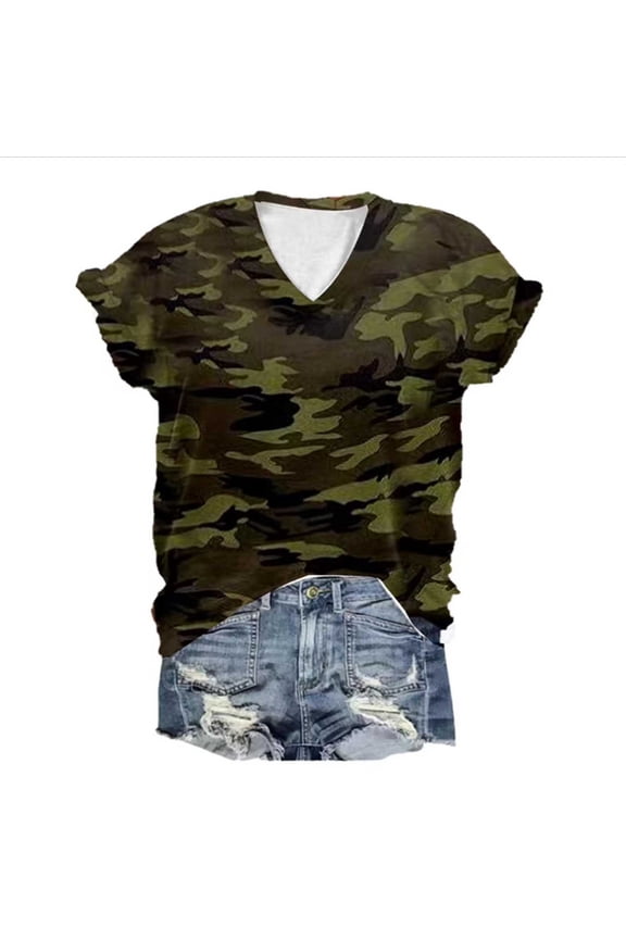 Womens Summer Camo Tops Short Sleeve V Neck Shirts Crew Neck Cute Trendy Tunic Blouses Multicolour L