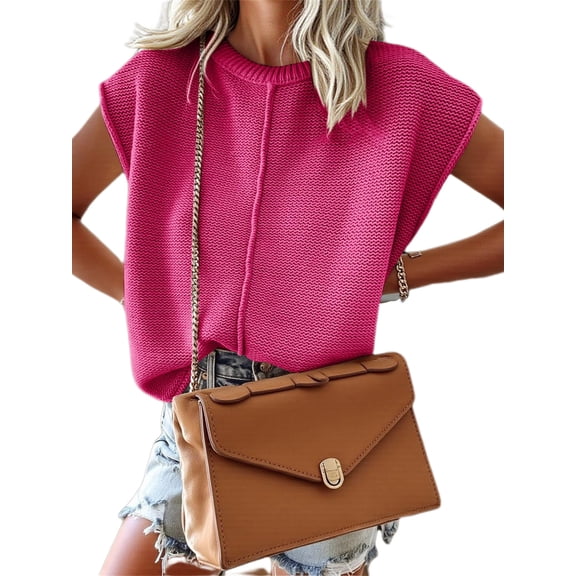 Womens Summer Cap Sleeve Tops Casual Crew Neck Loose Fit Knit Lightweight Sweater Pullover Top