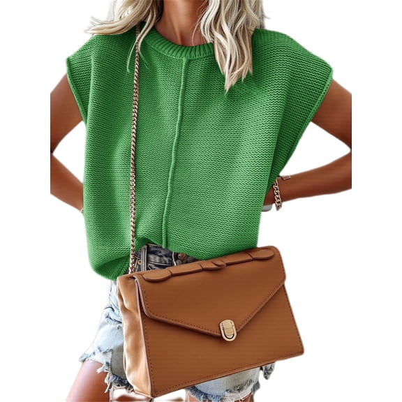 Womens Summer Cap Sleeve Tops Casual Crew Neck Loose Fit Knit Lightweight Sweater Pullover Top