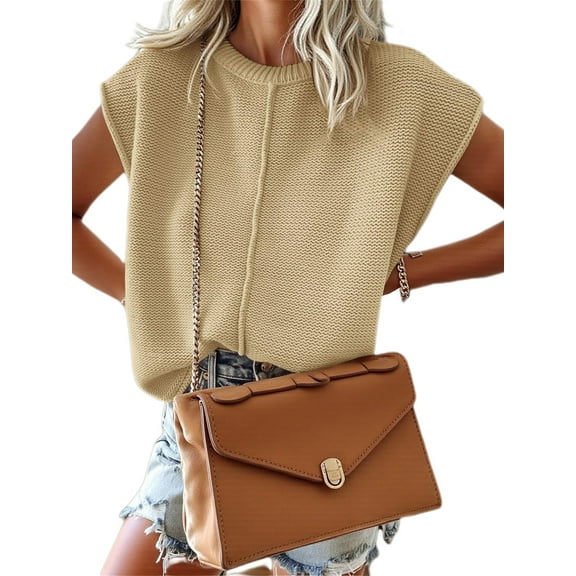 Womens Summer Cap Sleeve Tops Casual Crew Neck Loose Fit Knit Lightweight Sweater Pullover Top