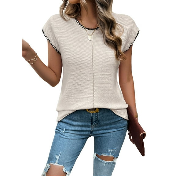 Womens Summer Cap Sleeve Tops Casual Crew Neck Sleeveless Knit Sweater Vest Loose Fit Pullover Tank Tops L