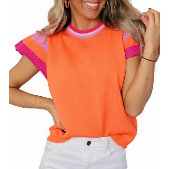 Womens Summer Cap Sleeve Tops Casual Crewneck Loose Fit Knit Light-Weight Sweater Pullover Top Orange Color XL