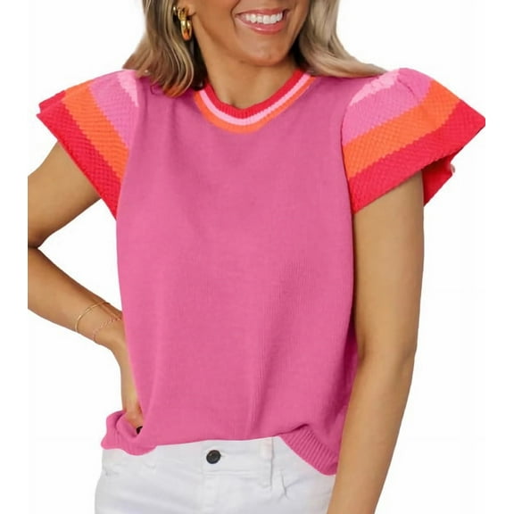 Womens Summer Cap Sleeve Tops Casual Crewneck Loose Fit Knit Light-Weight Sweater Pullover Top Rose Red L