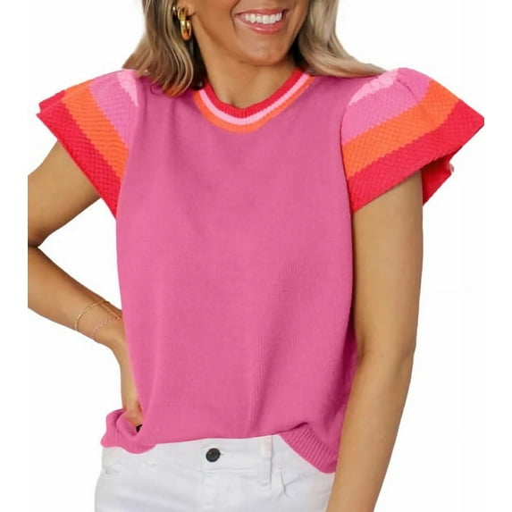 Womens Summer Cap Sleeve Tops Casual Crewneck Loose Fit Knit Light-Weight Sweater Pullover Top Rose Red S