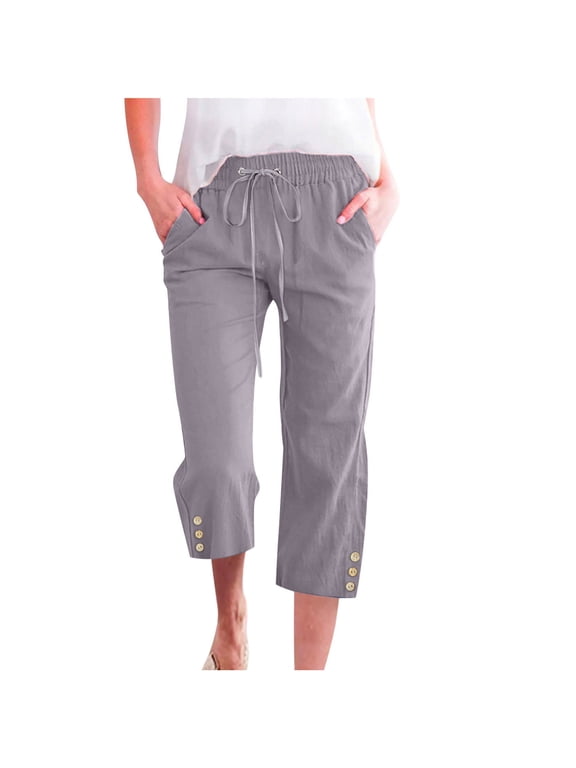 Womens Summer Capris New Fashion Womens Casual Color Elastic Loose Pants Straight Wide Leg Trousers with Pocket Style B-11 Gray L