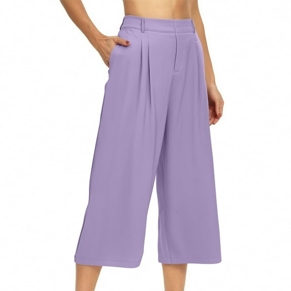Womens Summer Capris for Vacation New Womens Wide Leg Cropped Suit Pants Work Business Summer Loose Casual Trousers with Side Pockets Purple L