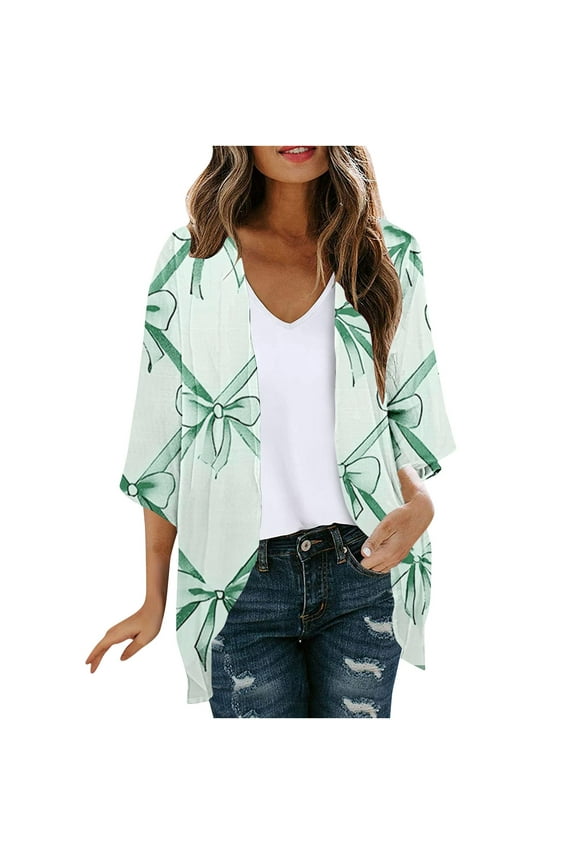 Womens Summer Cardigan Lightweight Printed Fashion 2025 Thin Cardigans Boho 3/4 Sleeve Hawaiian Vacation Blouses