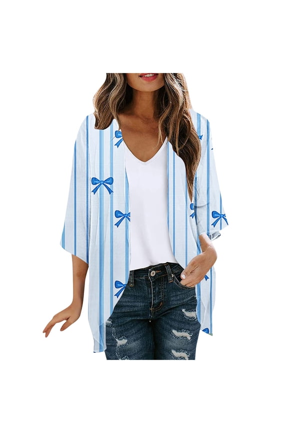 Womens Summer Cardigan Lightweight Printed Fashion 2025 Thin Cardigans Boho 3/4 Sleeve Hawaiian Vacation Blouses