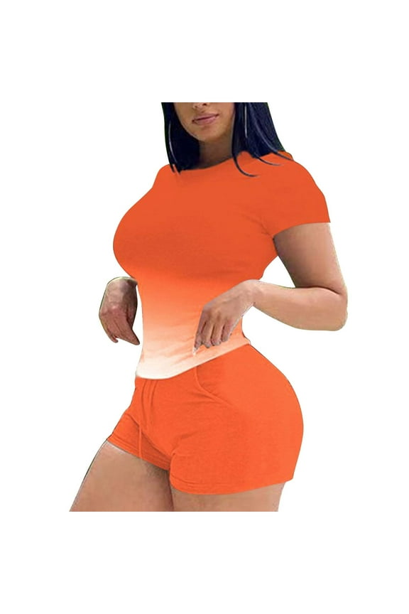 Womens Two Piece Outfits Slim Fitted Tracksuit Sweatsuits Jogger Biker Shorts Short Sleeve Tops Workout Lounge Sets