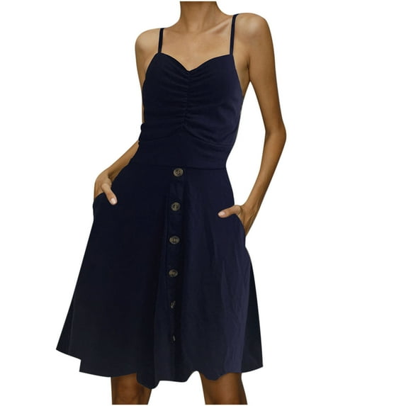 Womens Summer Casual Beach Dresses Spaghetti Strap Backless Sun Dress Midi Floral Sleeveless Dress with Pockets