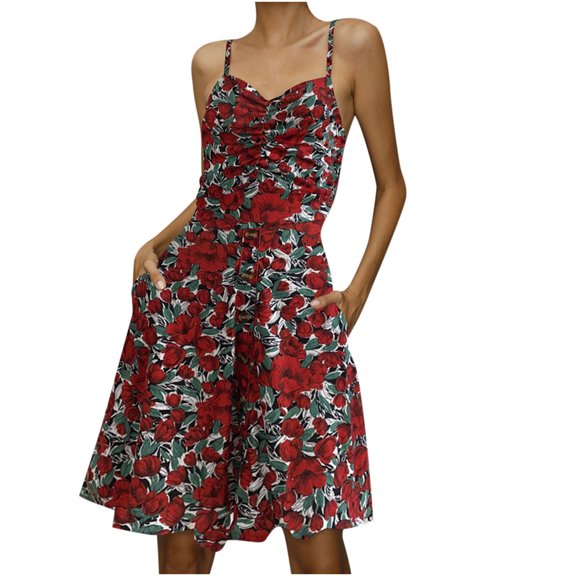 Womens Summer Casual Beach Dresses Spaghetti Strap Backless Sun Dress Midi Floral Sleeveless Dress with Pockets