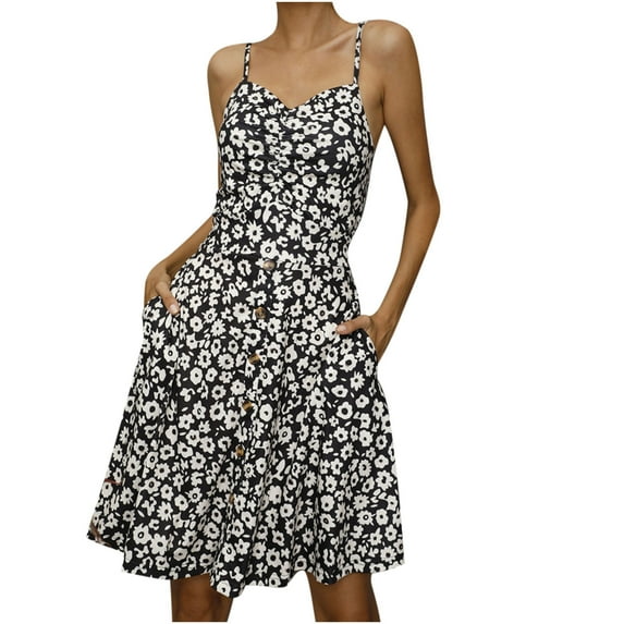 Womens Summer Casual Beach Dresses Spaghetti Strap Backless Sun Dress Midi Floral Sleeveless Dress with Pockets
