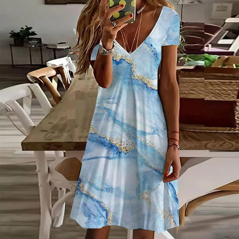 Womens Summer Casual Blue Dress V Neck Sleeve Loose Flowy Swing