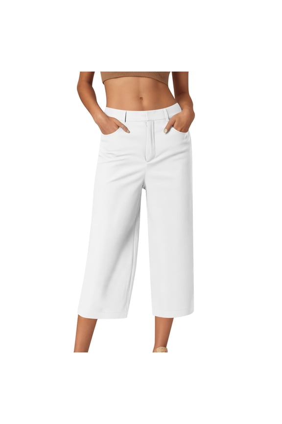 Womens Summer Casual Capri Pants Comfy Pull On Stretch Straight-Leg Cropped Chino Pants with Pockets White L