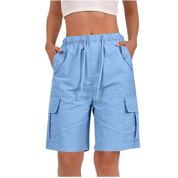 Womens Summer Casual Cargo Shorts Elastic Waist Drawstring Wide Leg Bermuda Shorts Knee Length Hiking Short Pants