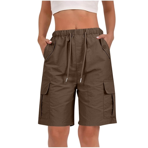 Womens Summer Casual Cargo Shorts Elastic Waist Drawstring Wide Leg Bermuda Shorts Knee Length Hiking Short Pants