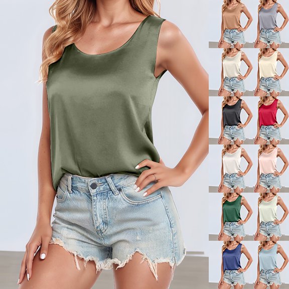 Womens Summer Casual Crew Neck Sleeveless Tops Solid Color Plain Simple Tees Everyday Essential Basic Apparel ShirtsTrendfront