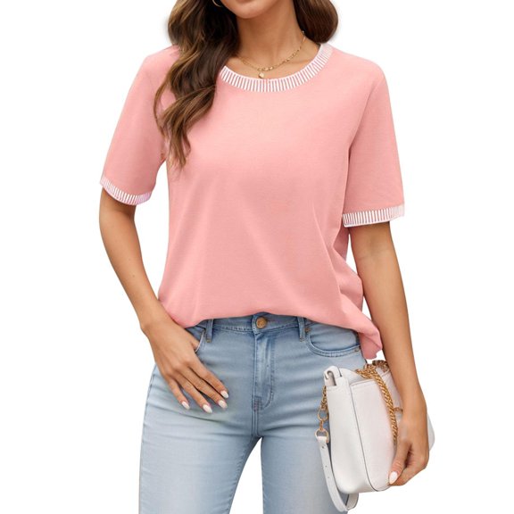 Womens Summer Casual Crewneck Short Sleeve Blouse Solid Color Striped Trim Tops