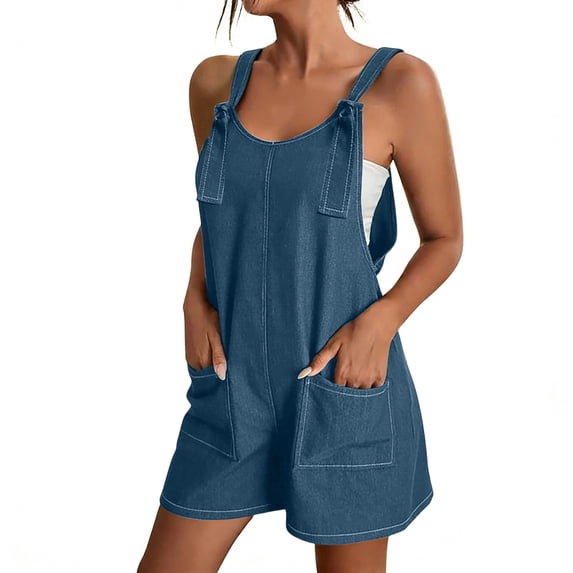 Womens Summer Casual Denim Romper Adjustable Spaghetti Strap Jean Shorts Jumpsuits with Pockets