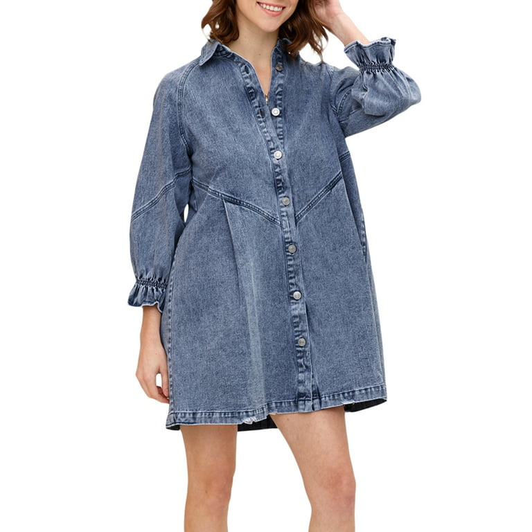 Womens Summer Casual Denim Shirt Dress Short Sleeve A-Line Tiered Babydoll  Distressed Jean Dress Loose Fit Tunic Top