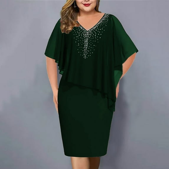 Womens Summer Casual Dress Plus Size Loose Batwing Sleeve Crew Neck Chiffon Cape Elegant Midi Cocktail Pencil Dresses for Women for Party Wedding Green XXXXL