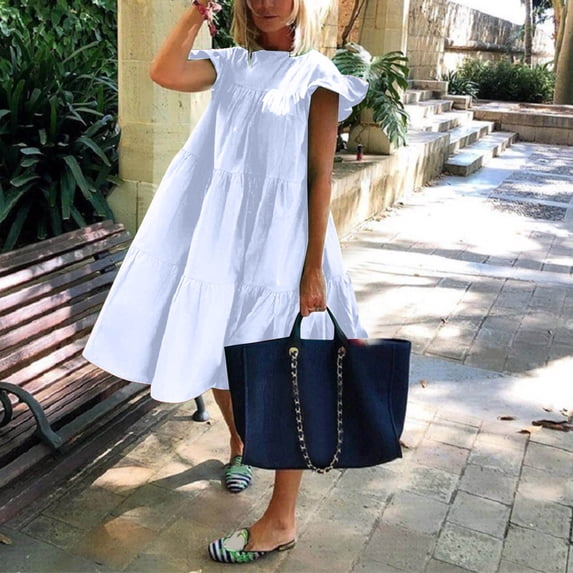 Womens Summer Casual Dress Short Sleeve Elegant Round Neck Solid Color Dress Fresh Casual Beach Dress Fitted Summer Dress for Women Tie Dress Women Short Summer Dresses Long Sleeve Dress for Women