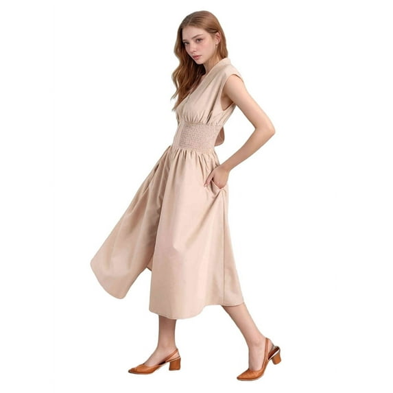 Womens Summer Casual Dress V Neck Cap Sleeve Zipper Front Flowy Midi Dress with Pockets L