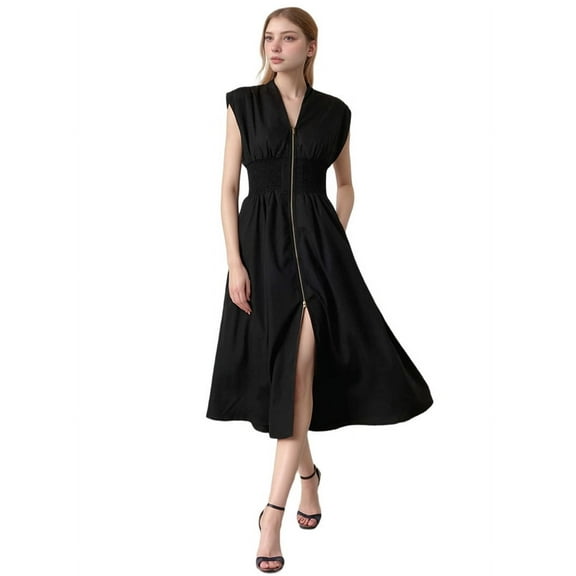 Womens Summer Casual Dress V Neck Cap Sleeve Zipper Front Flowy Midi Dress with Pockets black L