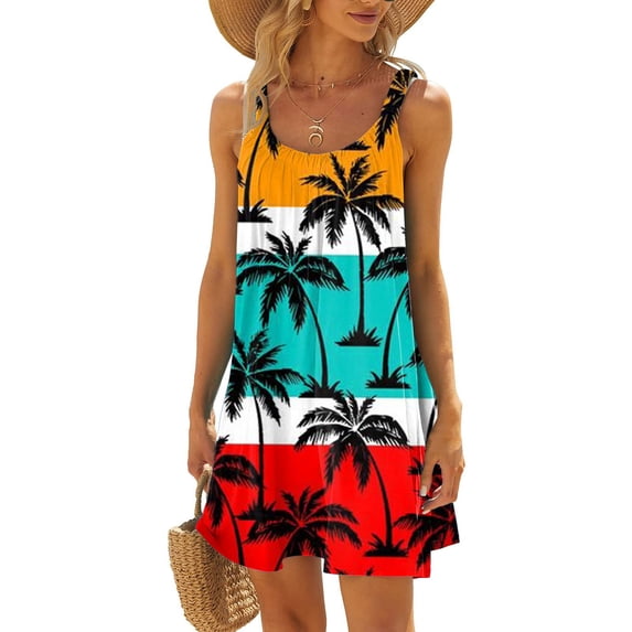 Womens Summer Casual Dresses Coconut Tree Print Crew Neck Strappy Sleeveless Fashion Beach Mini Dress Daily-Wear