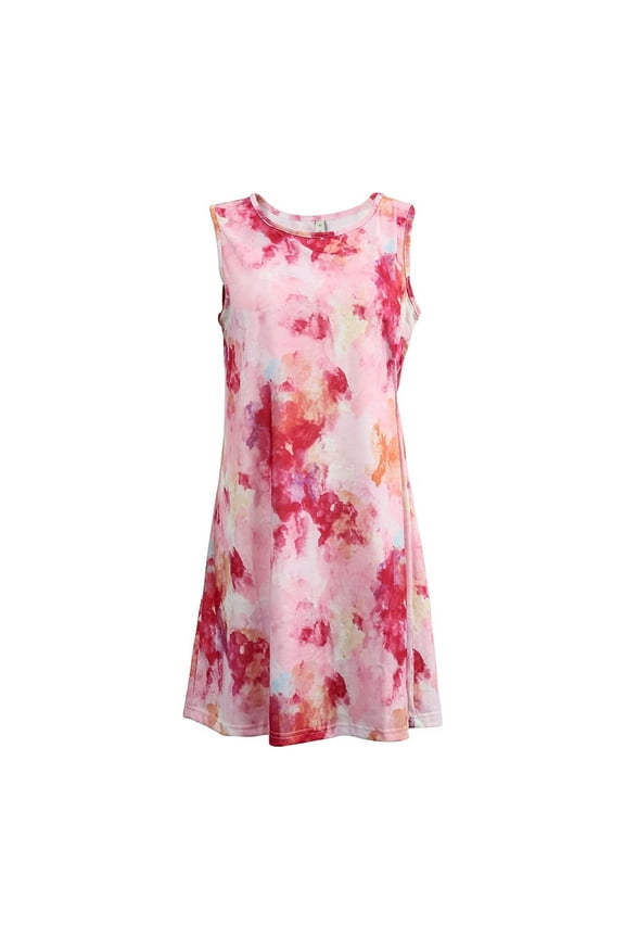 Womens Summer Casual Dresses Sleeveless Crew Neck Short Dress Tie Dye Tank Sundress