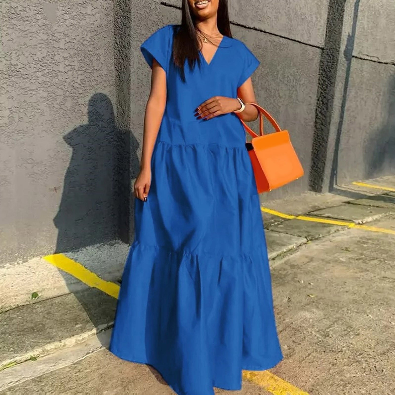 Womens Summer Casual Dresses Solid Color V Neck Short Sleeve Loose ...