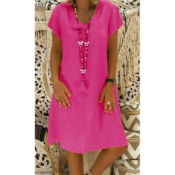 Womens Summer Casual Dresses Solid Color V Neck Short Sleeve Loose Mini Shirt Dress Workwear