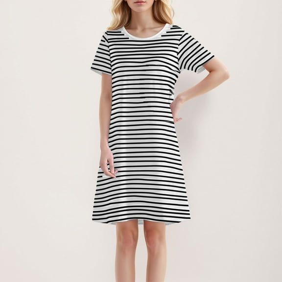 Womens Summer Casual Dresses Stripe Print Round Neck Short Sleeve Mid Length Dress Daily-Wear
