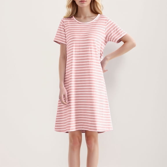 Womens Summer Casual Dresses Stripe Print Round Neck Short Sleeve Mid Length Dress Holiday Wear